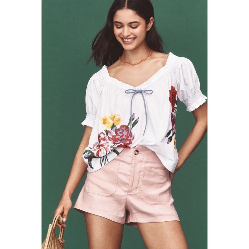 Anthropologie Puff-Sleeve Tie-Front Embroidered Blouse